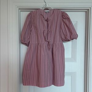 Ganni Mauve Striped Puff Sleeve Dress